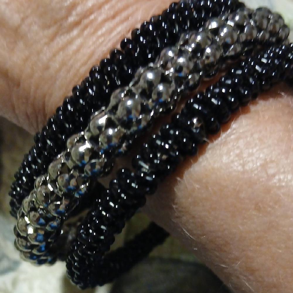 BRACELET SET (3) Black And Silver Wrapped And Silver Mesh NWOT